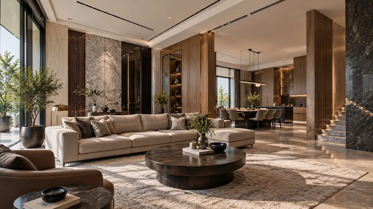 Living room with timber panelling, marble feature wall and round coffee table